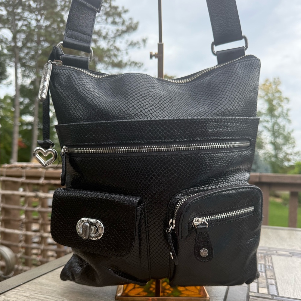 Brighton Black Textured Crossbody with Silver Accents